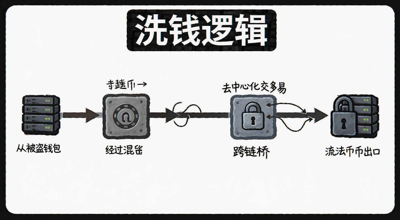 加密交易所黑客攻击洗钱逻辑示意图,展示资金从被盗钱包经过混币器、跨链桥、去中心化交易所最终流入法币出口的流程,图中文字注明“洗钱逻辑”