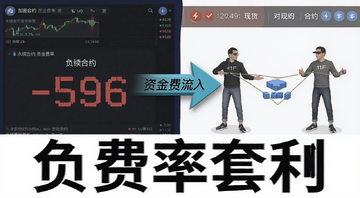 加密货币负资金费率套利赚钱教程封面图,画面左侧展示永续合约资金费率负值界面,右侧展示现货与合约对冲仓位示意,中间用箭头标注资金费流入,底部文字标注“负费率套利”字样