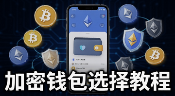 加密钱包新手选择教程封面图,画面中央一个手机屏幕显示加密钱包界面,周围环绕比特币以太坊等数字货币图标和盾牌安全符号,标题文字“加密钱包选择教程”用粗体标注
