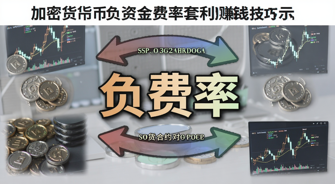 加密货币负资金费率套利赚钱技巧示意图,画面中有“负费率”文字标注和现货合约对冲箭头