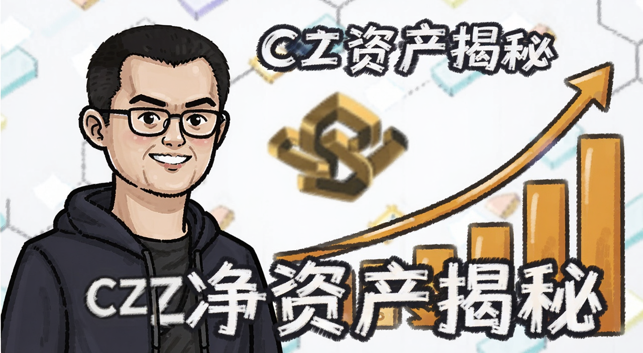 赵长鹏CZ币安创始人财富净资产主题插画,图中包含赵长鹏CZ卡通形象和币安logo以及财富增长曲线,文字注明“CZ净资产揭秘”
