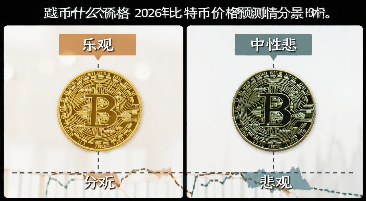 btc到底什么价格 2026年比特币价格预测情景分析 图中文字标注“乐观 中性 悲观”