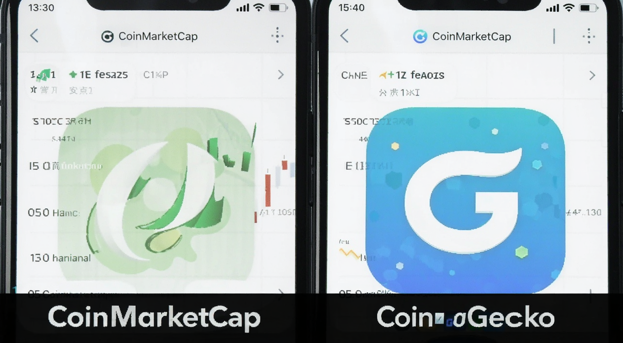 币圈常用行情软件CoinMarketCap和CoinGecko手机界面截图对比图,标注