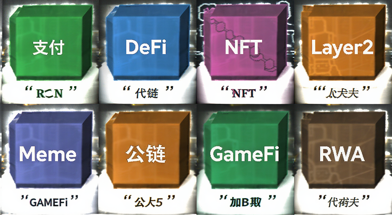 加密货币八大板块全景示意图,图中用八个色块分别标注支付、DeFi、NFT、Layer2、Meme、公链、GameFi、RWA,每个色块下方用“”号标注代表代币名称