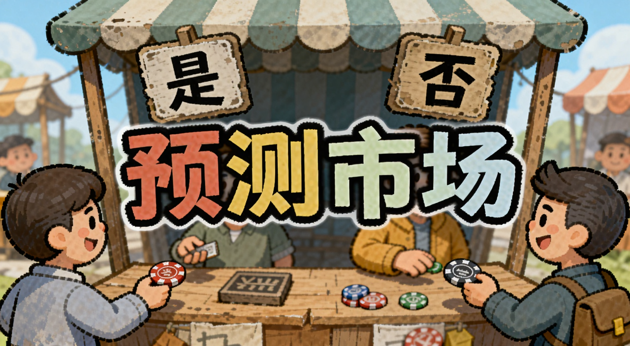 一个卡通风格的市场摊位,摊位上摆着写着“是”和“否”的牌子,周围有几个人在交换筹码,画面中间用大字标注“预测市场”四个字,关键词包含预测市场
