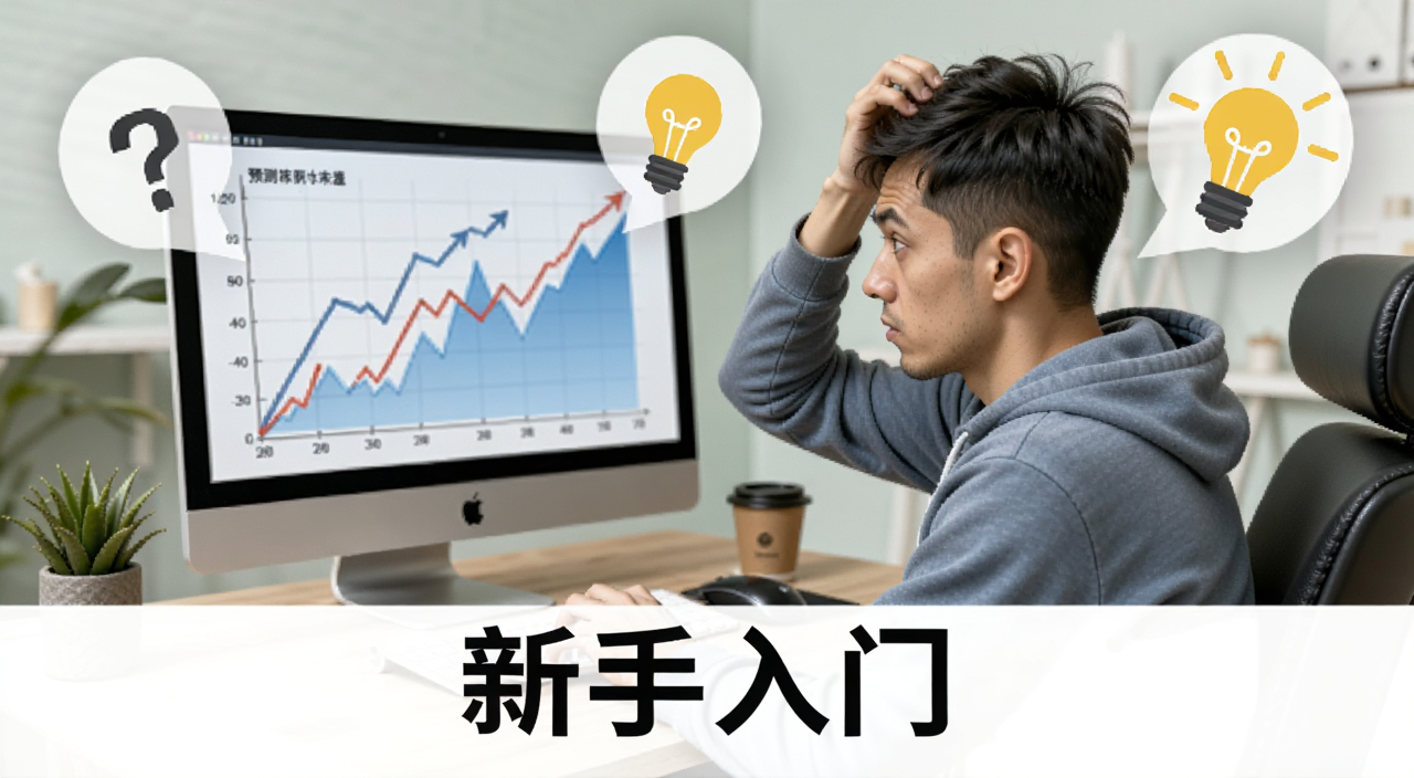 一个新手坐在电脑前挠头,屏幕上显示预测市场走势图,旁边有问号和灯泡图标,画面下方用文字标注“新手入门”,关键词包含新手入门