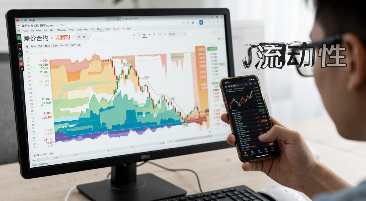 差价合约CFD新手指南流动性解析,画面是一张交易软件界面截图,显示买卖盘挂单深度图,旁边有新手拿着手机看盘,文字标注“流动性”