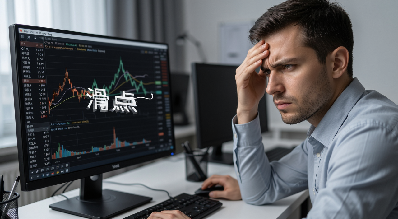 CFD差价合约流动性影响解析,交易员看着屏幕上的滑点数据皱眉,文字标注“滑点”
