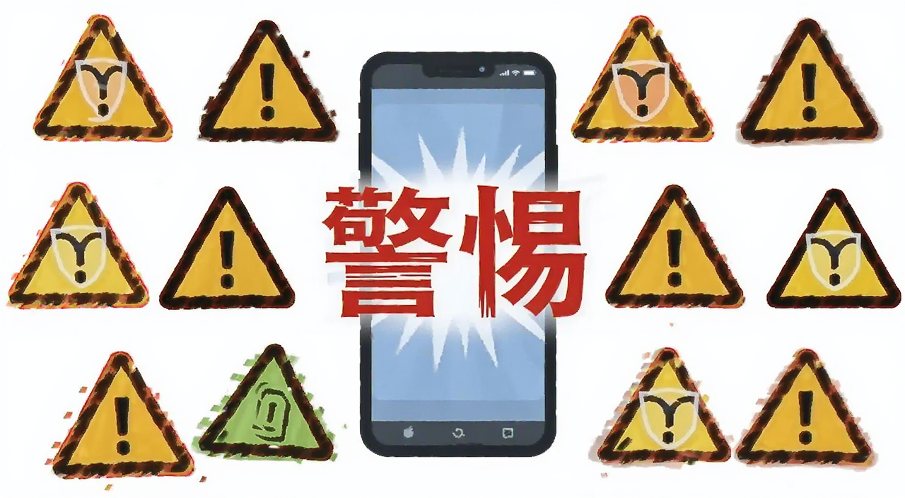 移动支付防骗指南:认清各类支付诈骗,一部手机周围环绕各种诈骗警示图标,画面中央有“警惕”字样,风格简洁扁平化