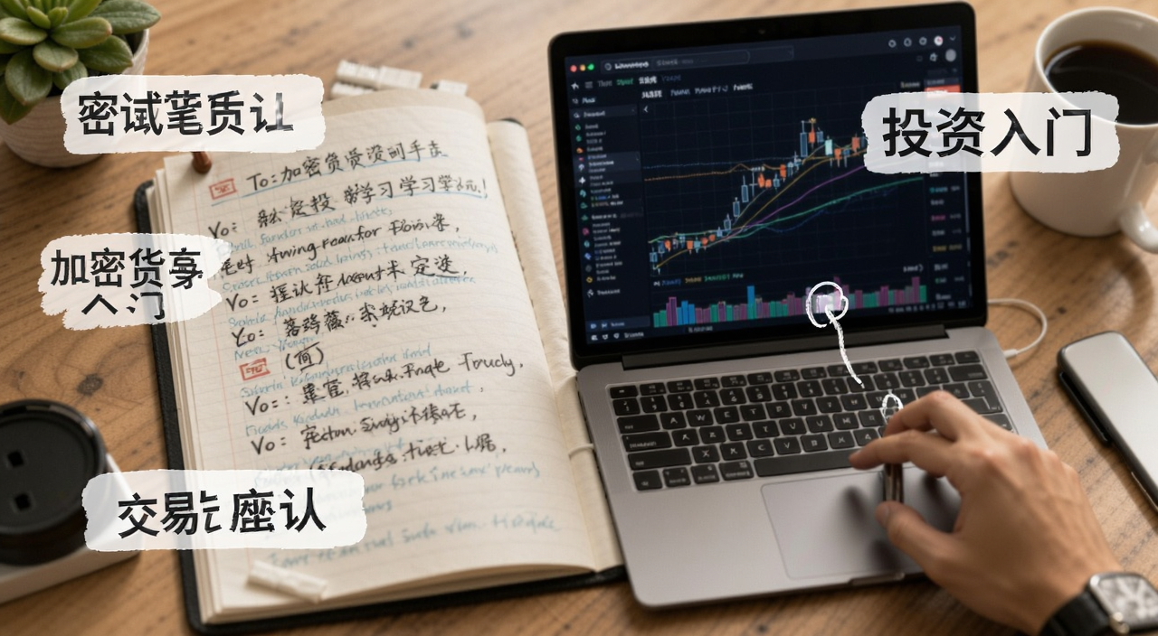 加密货币投资新手学习笔记,画面有定投和交易关键词,文字标注投资入门