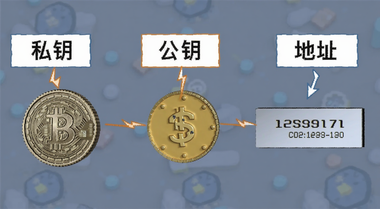 比特币钱包私钥与公钥关系示意图,图中标注