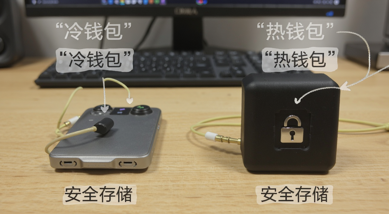 硬件冷钱包与手机热钱包对比实物图,图中标注