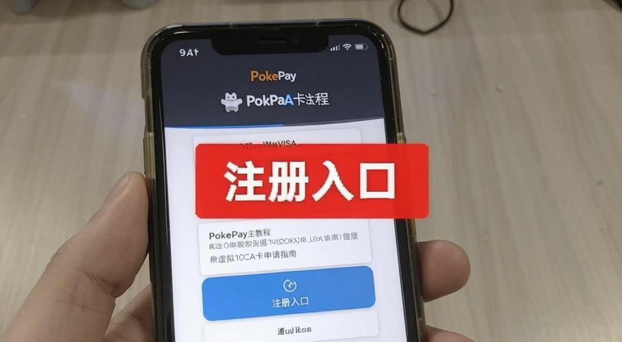 PokePay注册教程及虚拟VISA卡申请指南 手机屏幕显示注册页面 文字标注“注册入口”