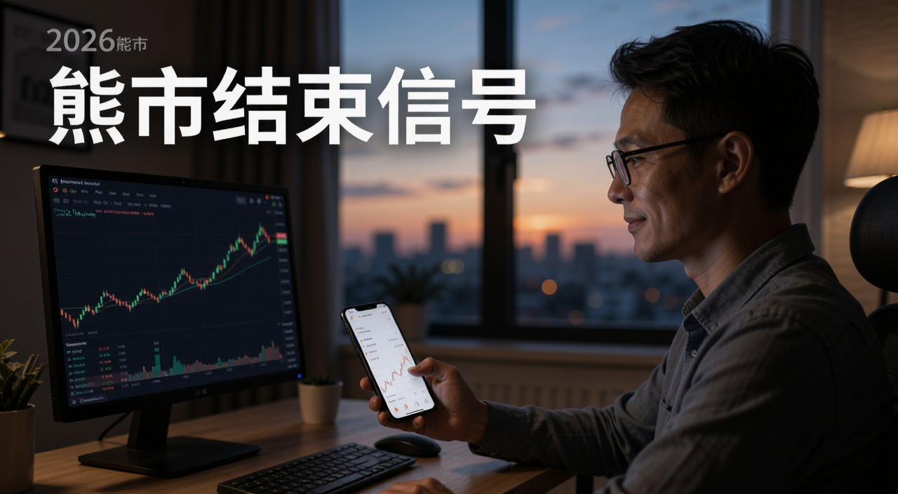2026熊市结束前的信号,一位投资者在安静的房间里看着手机上的行情软件,表情平静,窗外是黄昏,画面有“熊市结束信号”文字