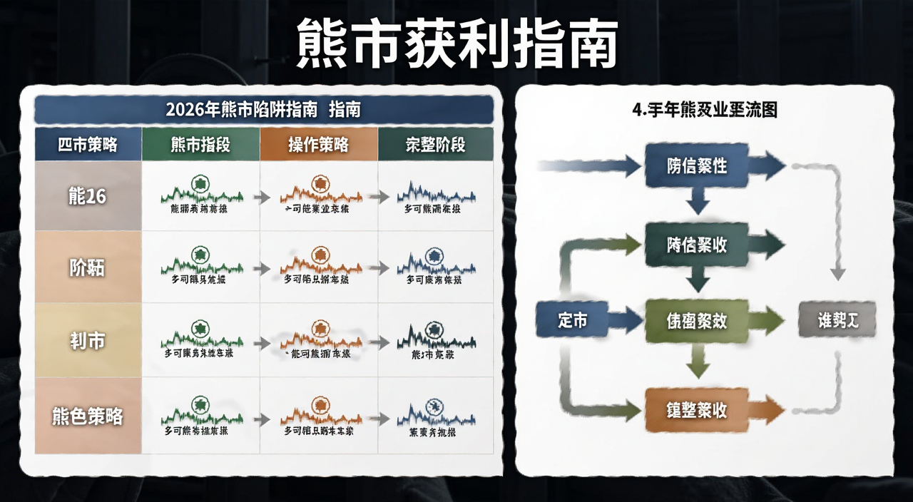 2026年熊市陷阱获利完整指南,一个清晰的表格和箭头流程图,展示熊市四个阶段的操作策略,风格简洁专业,有“熊市获利指南”文字