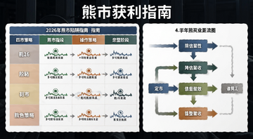 2026年熊市陷阱获利完整指南,一个清晰的表格和箭头流程图,展示熊市四个阶段的操作策略,风格简洁专业,有“熊市获利指南”文字