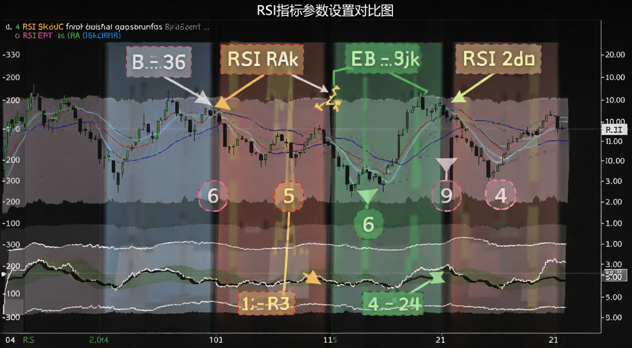 RSI指标参数设置对比图,展示6、9、14、21四种周期在同一段行情中的不同表现,关键词标注RSI指标