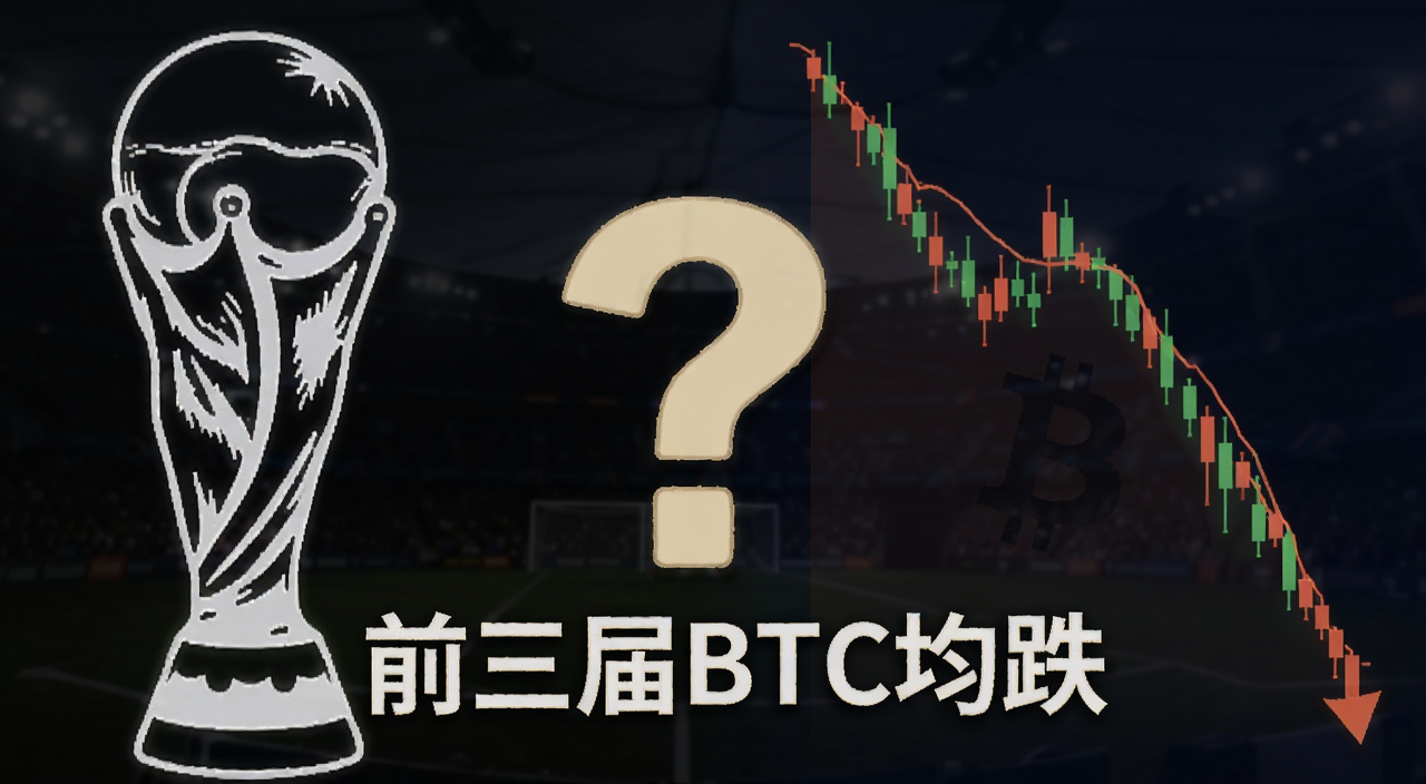 世界杯是币圈利空主题配图,画面左侧是大力神杯轮廓,右侧是比特币K线下跌曲线,中间用问号连接,标注“前三届BTC均跌”字样