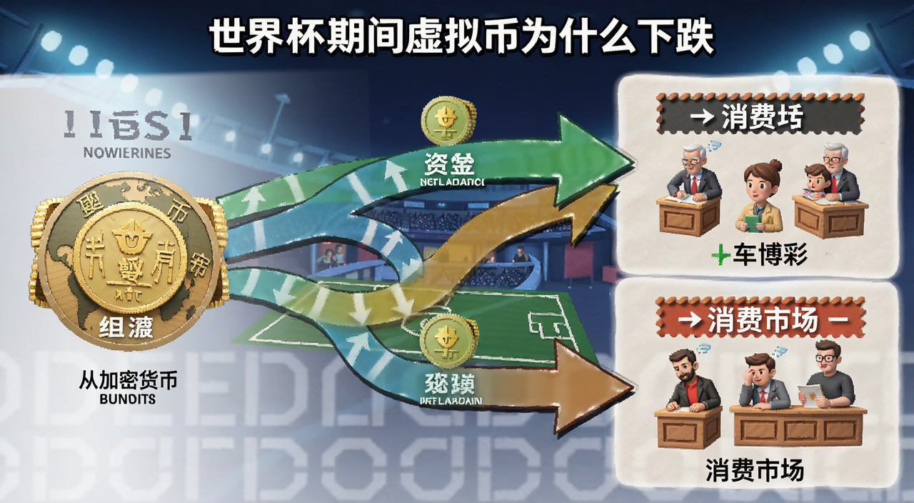 世界杯币圈资金流向示意图,用箭头表示资金从加密货币流向博彩和消费市场,标注“世界杯期间虚拟币为什么下跌”