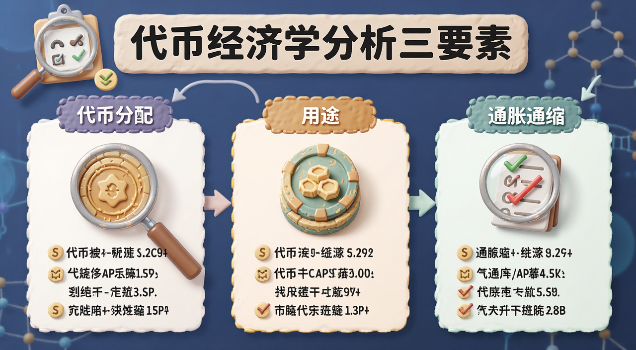 一张信息图展示代币经济学分析要点,包含代币分配、用途、通胀通缩三个模块,配上放大镜和检查清单图标,图片上有文字“代币经济学分析三要素”标注