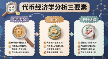 一张信息图展示代币经济学分析要点,包含代币分配、用途、通胀通缩三个模块,配上放大镜和检查清单图标,图片上有文字“代币经济学分析三要素”标注