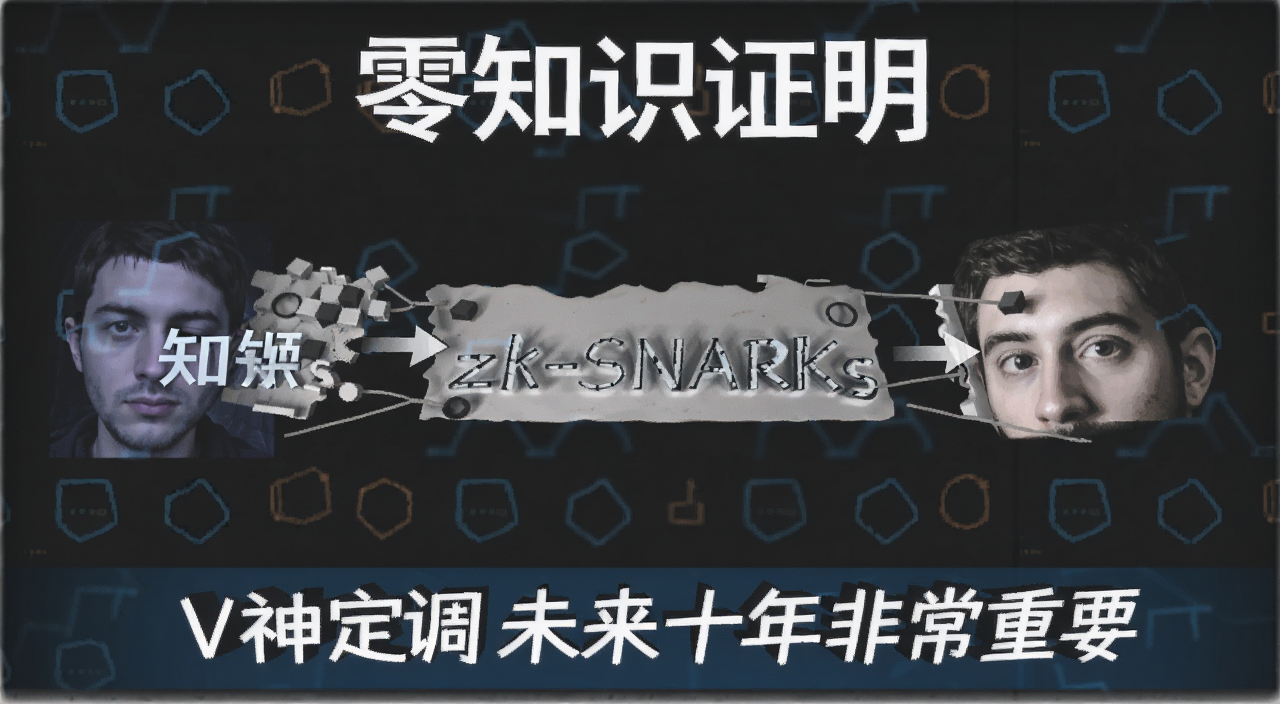 zk-SNARKs零知识证明概念示意图,图中标注文字“零知识证明”“zk-SNARKs”“V神定调未来十年非常重要”