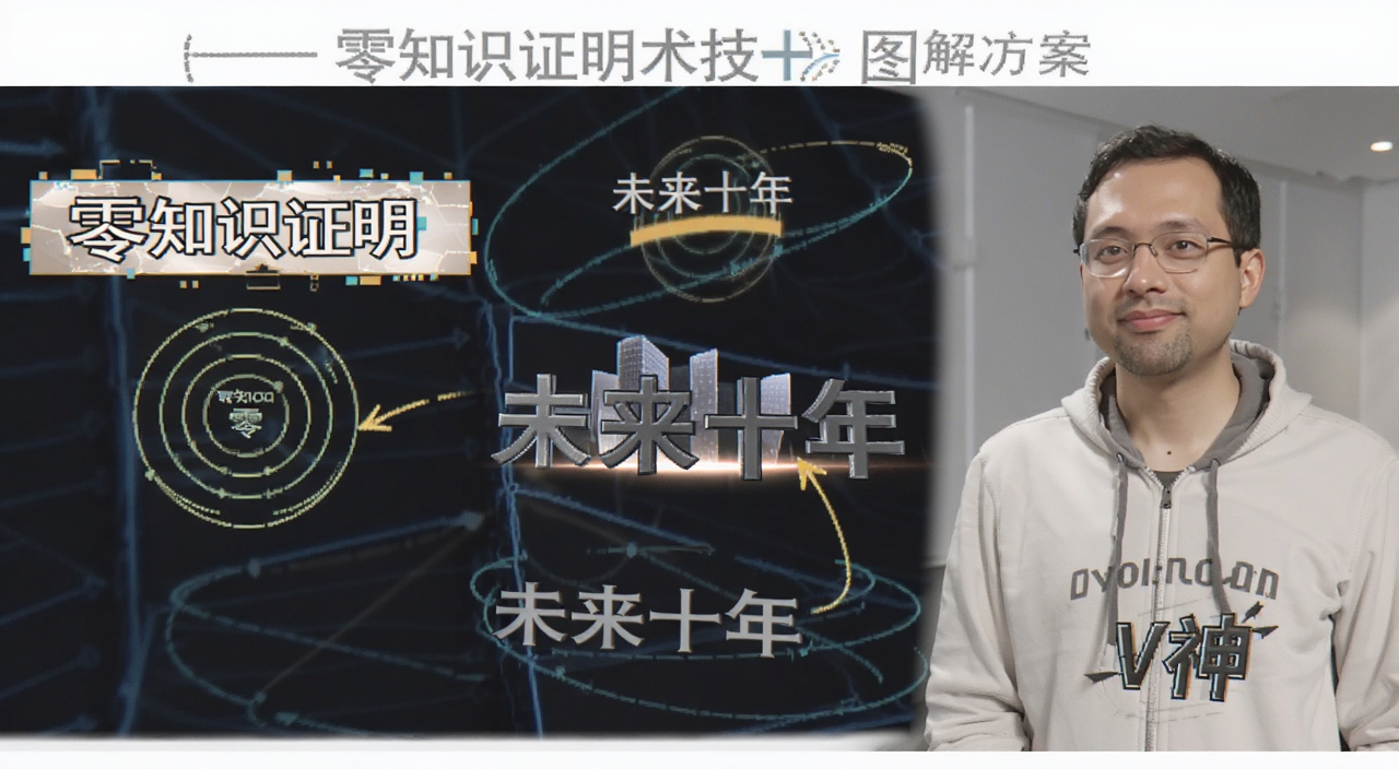 零知识证明技术挑战与解决方案,图中标注文字“零知识证明”“未来十年”“V神”