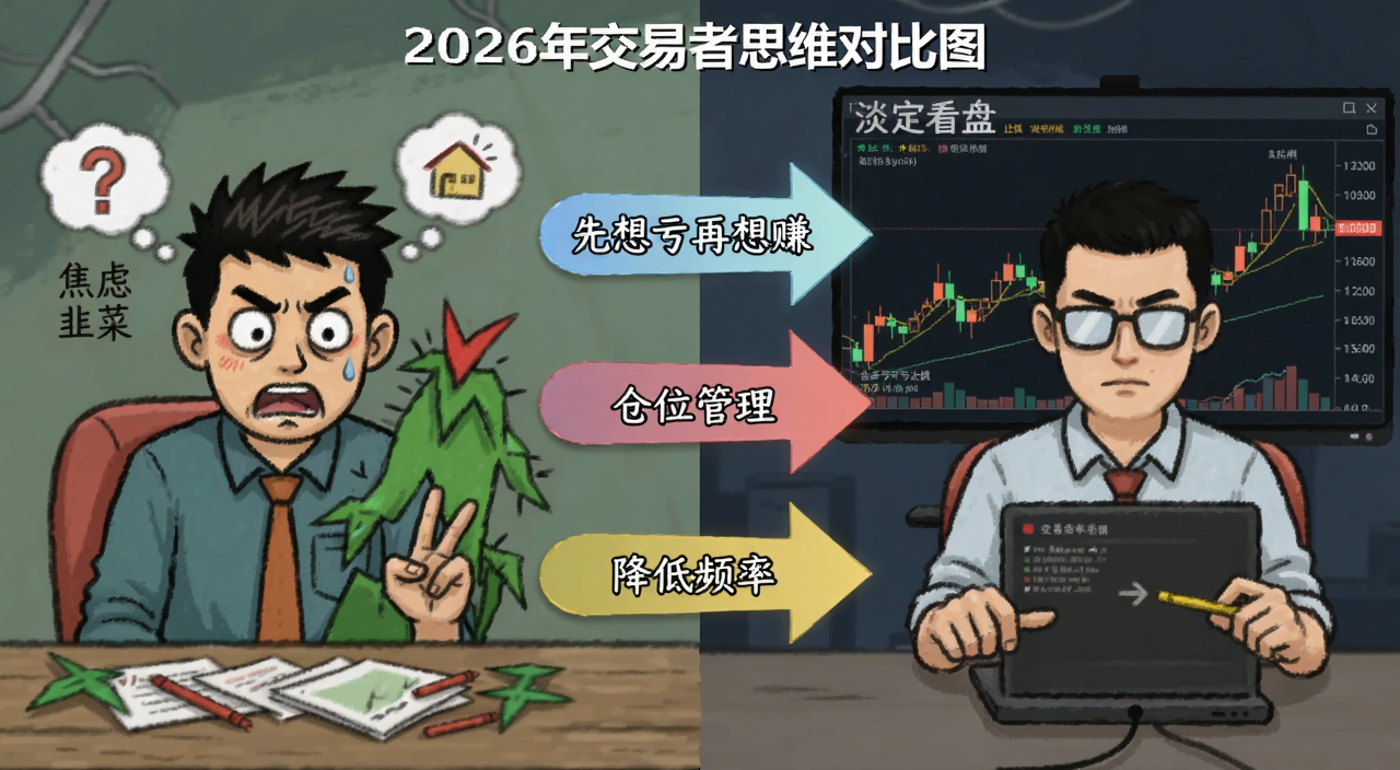 2026年交易者思维对比图,左边是焦虑盯盘的韭菜形象,右边是淡定看盘带止损的交易者形象,中间用箭头连接,标注“先想亏再想赚”“仓位管理”“降低频率”等文字