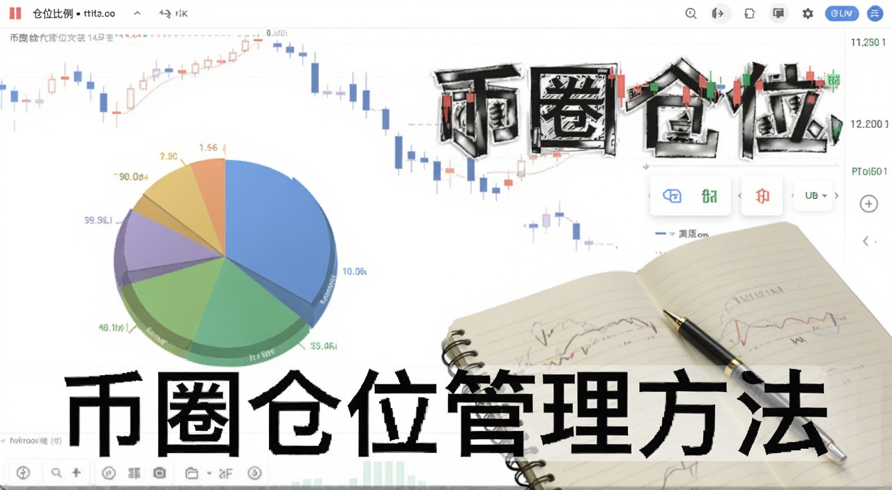 一个数字货币交易界面截图,显示仓位比例分配饼图,旁边有笔记本和笔,文字标注“币圈仓位管理方法”