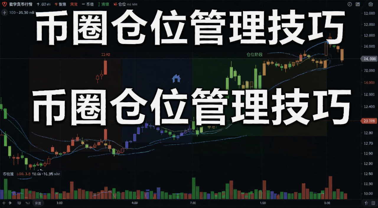 数字货币行情K线图,标注不同阶段的仓位比例,文字“币圈仓位管理技巧”