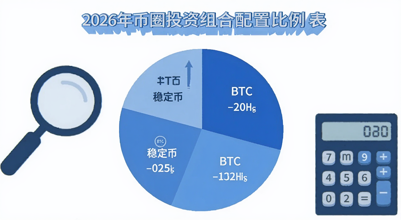 2026年币圈投资组合配置比例表,画面是一张简洁的饼状图,标注BTC ETH 赛道龙头 稳定币四个板块,旁边有放大镜和计算器,扁平化设计风格,蓝色主色调