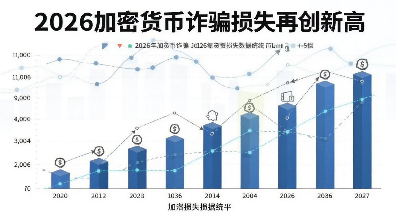 2026年加密货币诈骗损失数据统计图表 配文字“2026加密货币诈骗损失再创新高”