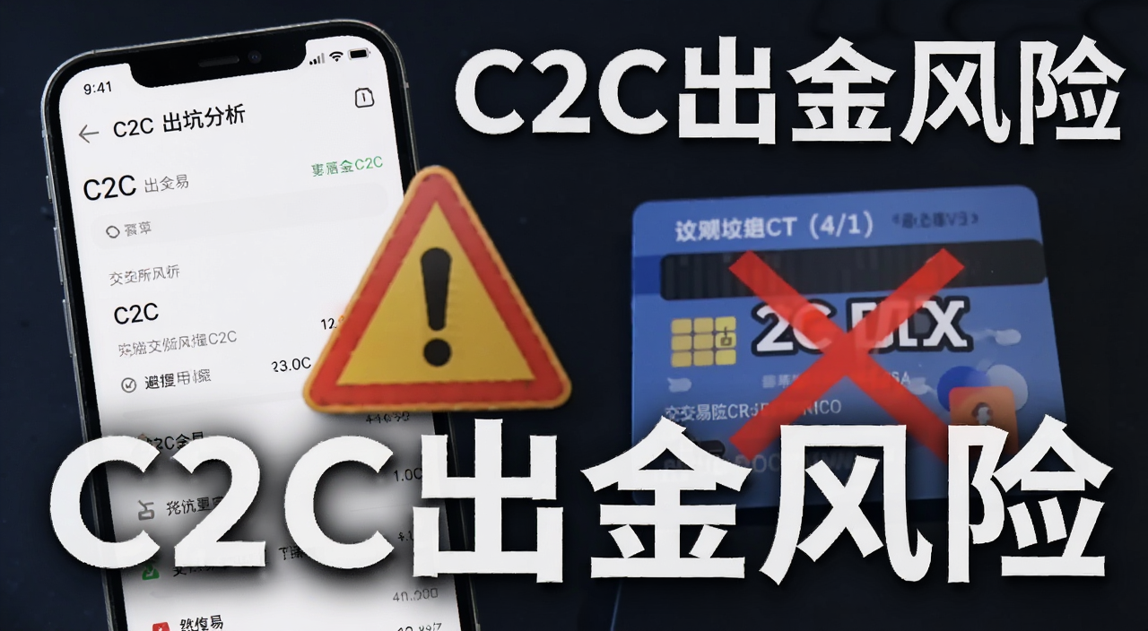 交易所C2C出金风险分析避坑指南封面图,画面中展示手机屏幕上C2C交易界面旁边有警示图标和银行卡冻结提示,文字标注“C2C出金风险”