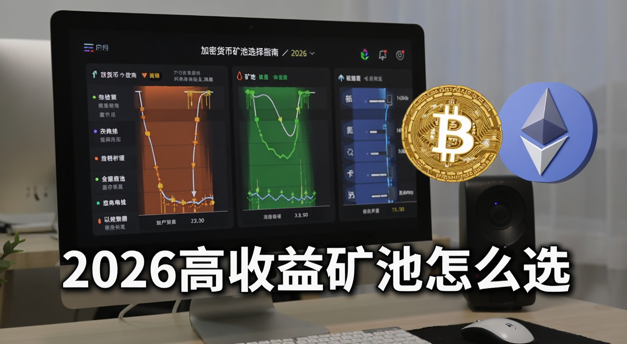 加密货币矿池选择指南 电脑屏幕上显示多个矿池收益对比图表 旁边有比特币和以太坊图标 文字标注“2026高收益矿池怎么选”