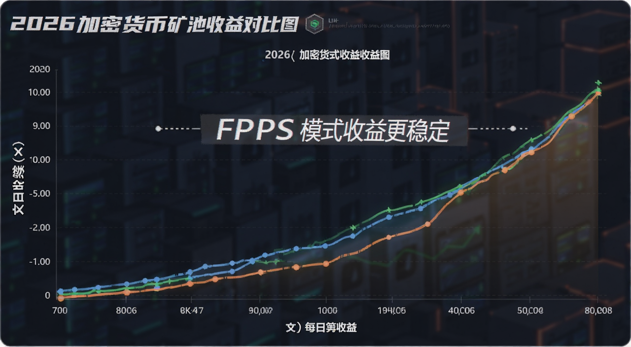 2026加密货币矿池收益对比图 展示不同结算模式每日收益曲线 文字标注“FPPS模式收益更稳定”