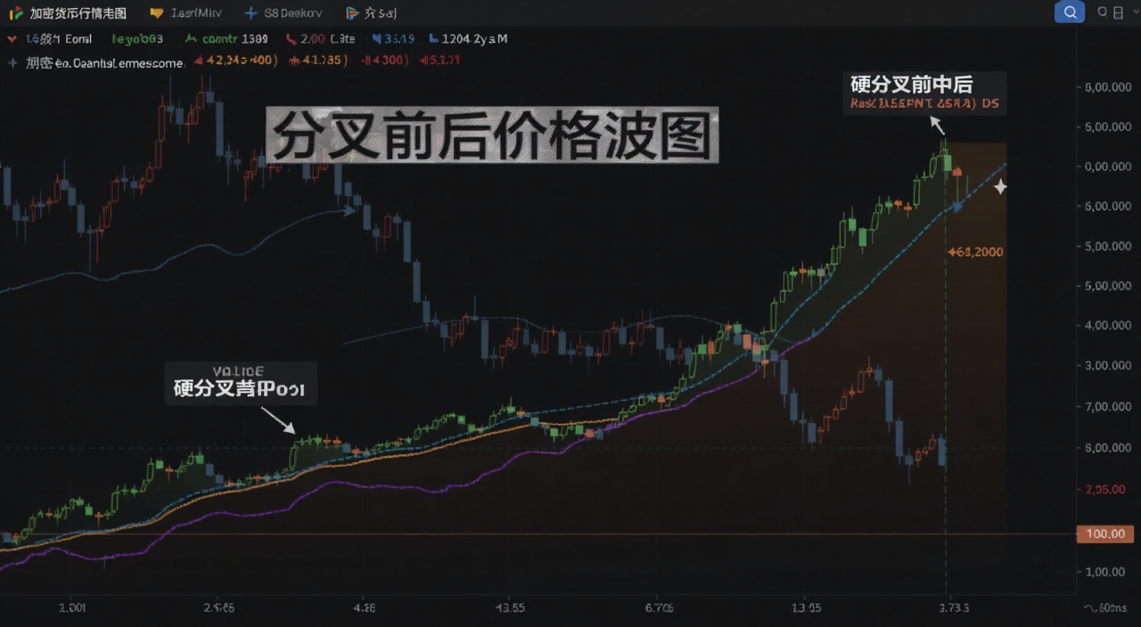 加密货币行情走势图,标注硬分叉前中后的价格变化,用文字注明“分叉前后价格波动”