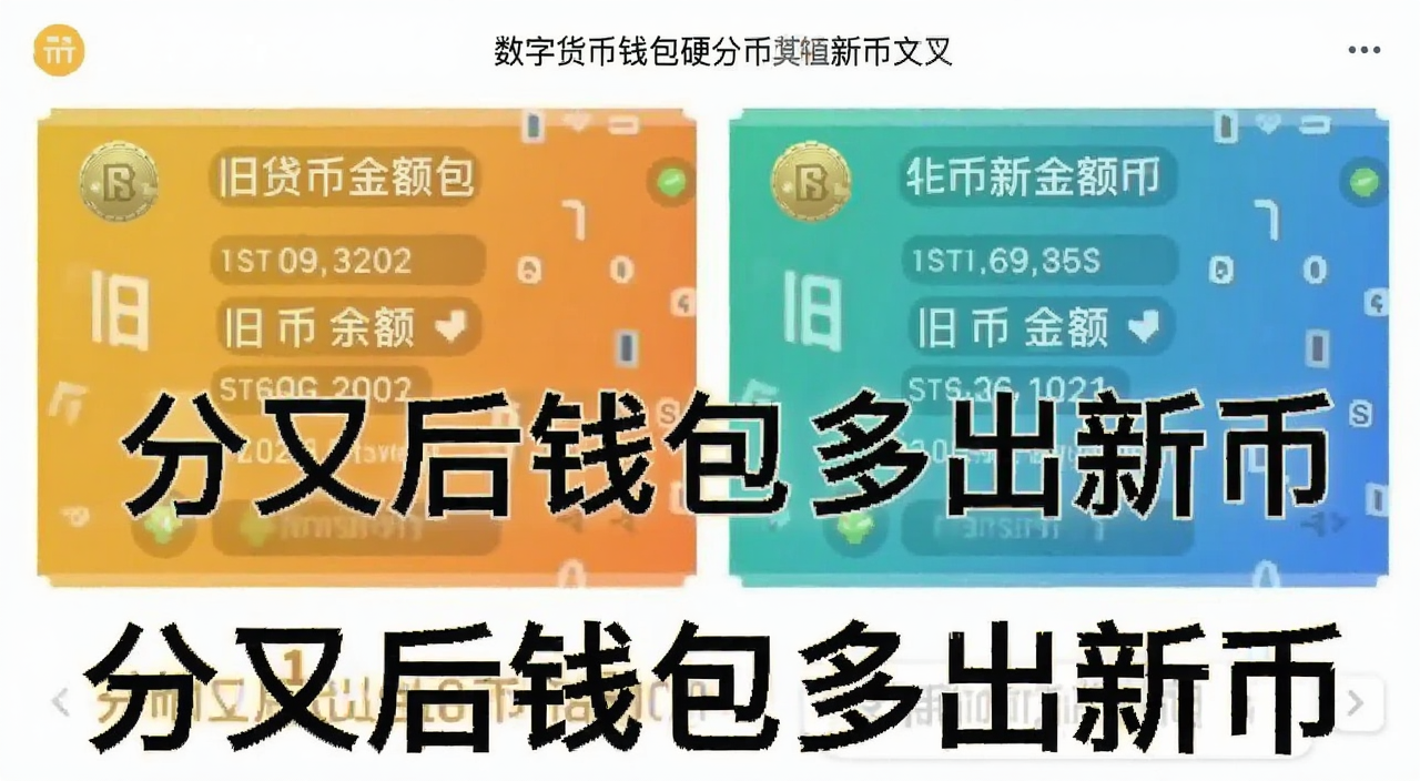 数字货币钱包接收硬分叉新币的界面截图,显示旧币余额和新币余额并列,用文字注明“分叉后钱包多出新币”