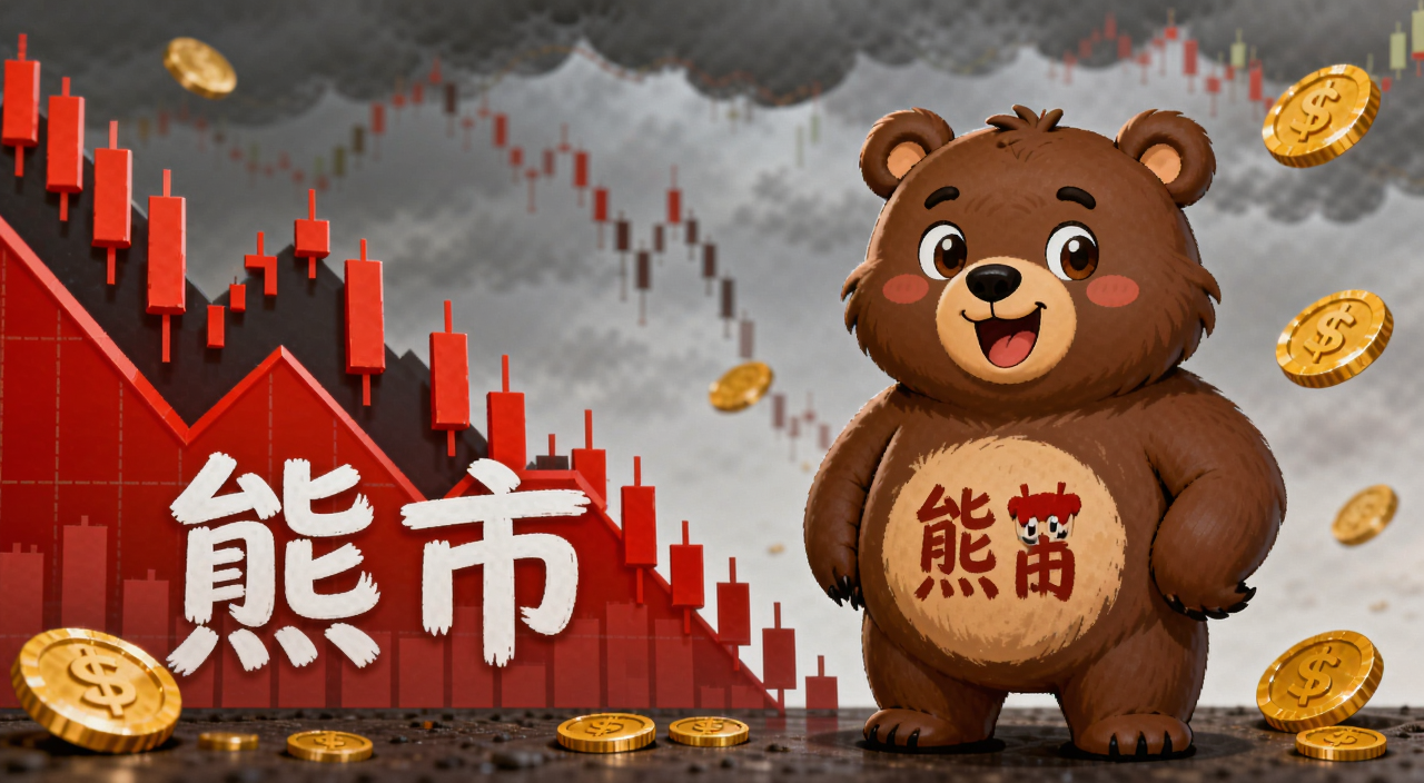 一只卡通棕熊站在向下倾斜的红色股市K线图旁边,背景是阴沉的天空和散落的金币,图中文字标注“熊市”二字,关键词包含熊市
