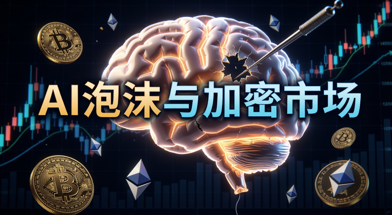 AI人工智能泡沫概念图,画面中一个巨大的发光大脑形状气球正在被针扎破,周围散落着比特币和以太坊的硬币图标,背景是数字化的K线图,图片中央用大号文字标注“AI泡沫与加密市场”