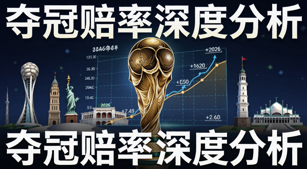 Polymarket对2026世界杯夺冠赔率分析实战攻略封面图,画面中央是世界杯奖杯与赔率走势图结合,背景是2026年美加墨三国地标剪影,图中文字标注“夺冠赔率深度分析”