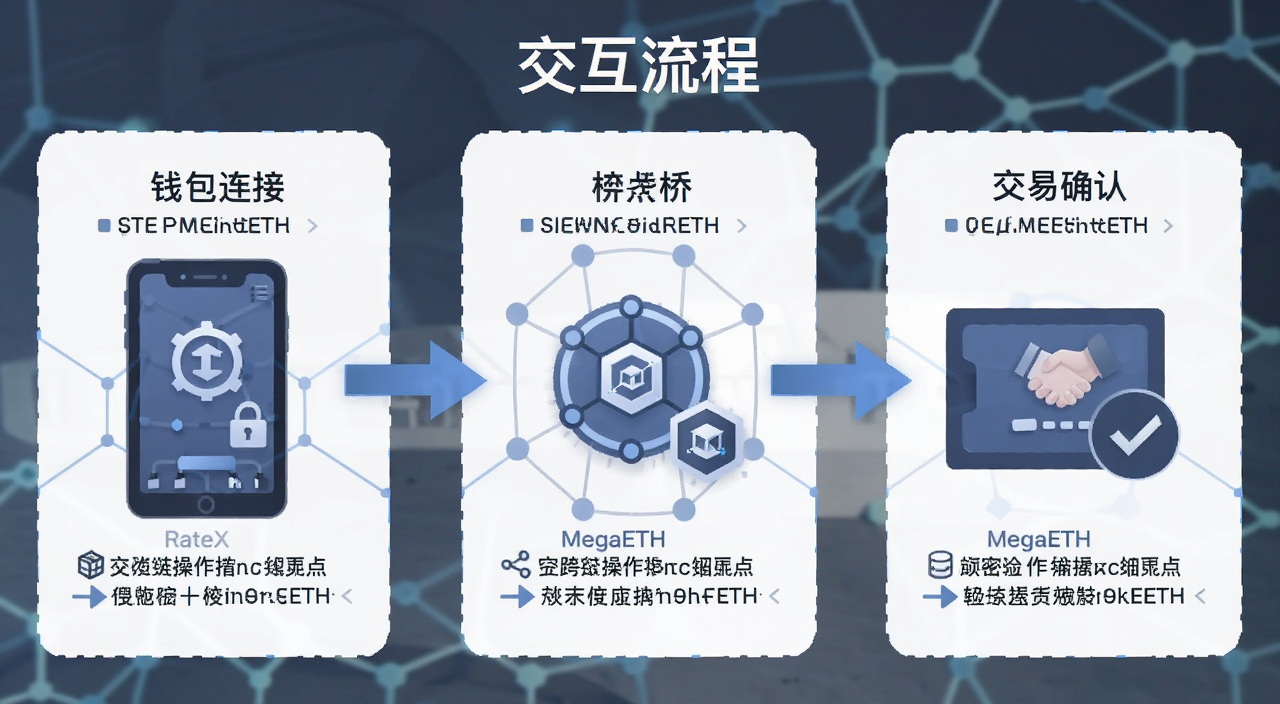 加密货币空投交互操作步骤示意图,展示钱包连接、跨链桥、交易确认三个步骤,标注MegaETH和RateX操作要点,文字注明“交互流程”
