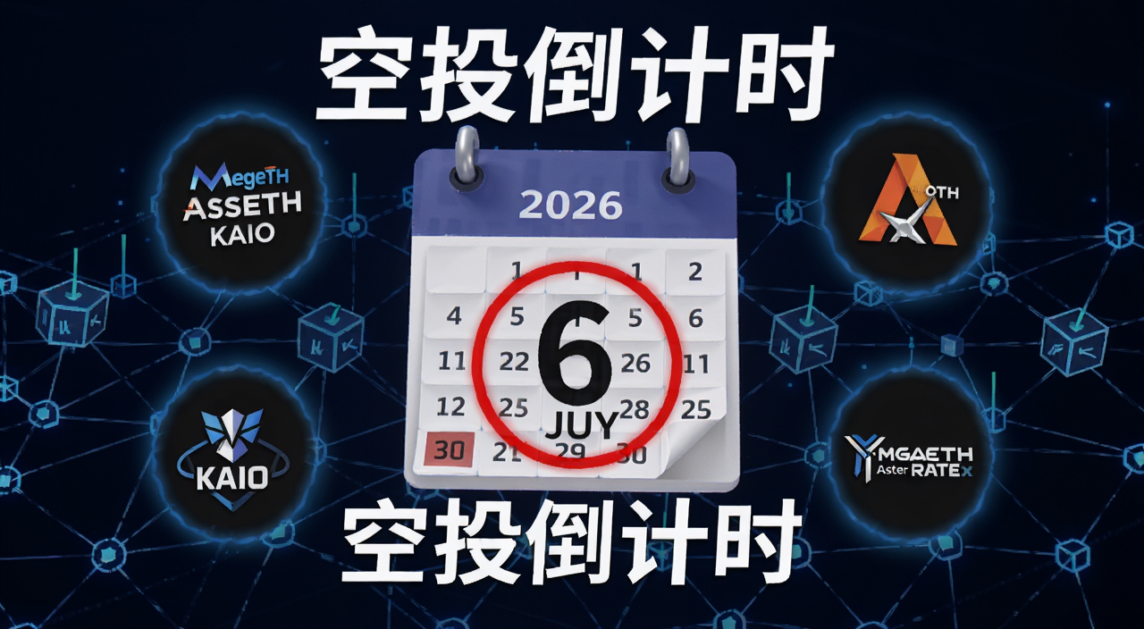 2026年6月加密货币空投截止日期主题图,画面中央是日历标注6月30日红圈,周围漂浮MegaETH Aster KAIO RateX四个项目LOGO,背景是区块链节点连接网络,文字注明“空投倒计时”