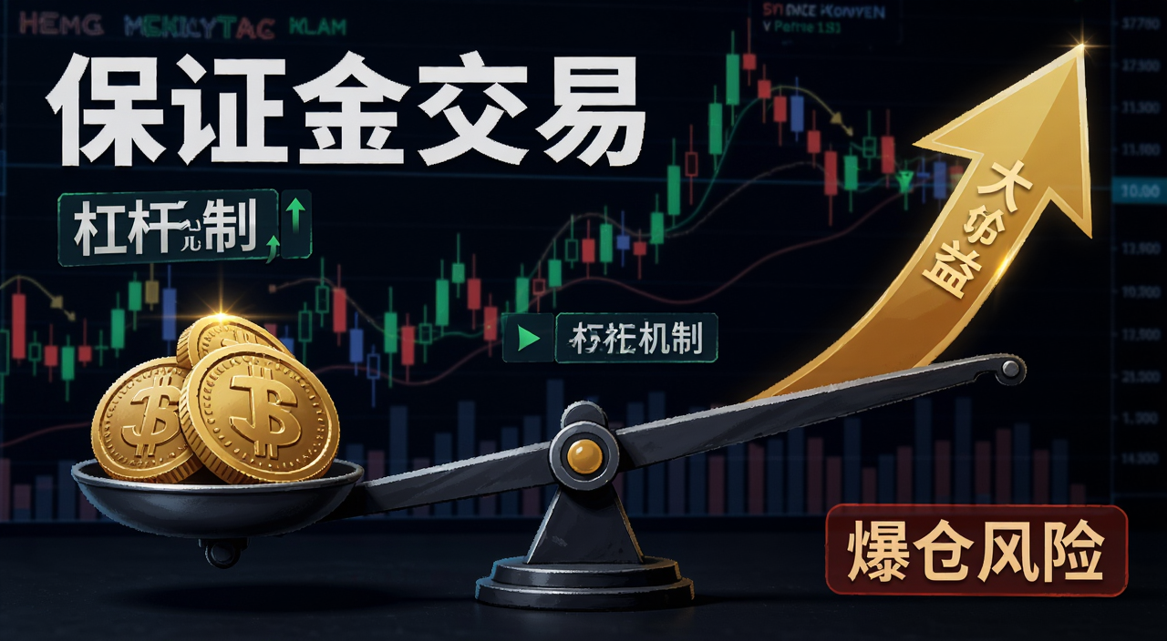 加密货币保证金交易杠杆原理示意图,画面中央显示杠杆天平一端是保证金硬币另一端是放大收益箭头,背景有K线图,文字标注“保证金交易”“杠杆机制”“爆仓风险”