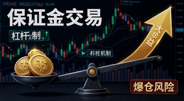 加密货币保证金交易杠杆原理示意图,画面中央显示杠杆天平一端是保证金硬币另一端是放大收益箭头,背景有K线图,文字标注“保证金交易”“杠杆机制”“爆仓风险”