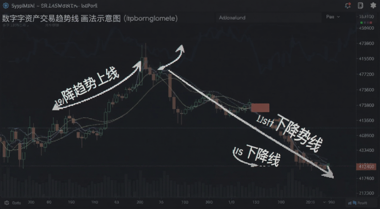 什么是趋势线 数字资产交易趋势线画法示意图 图中文字标注上升趋势线和下降趋势线