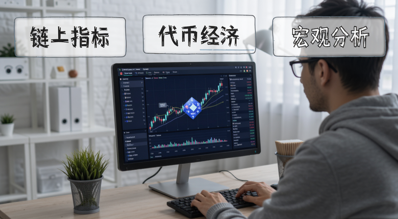加密货币基本面分析教程配图,图中用文字标注“链上指标”“代币经济”“宏观分析”三个核心模块,展示一个人坐在电脑前查看区块链数据图表
