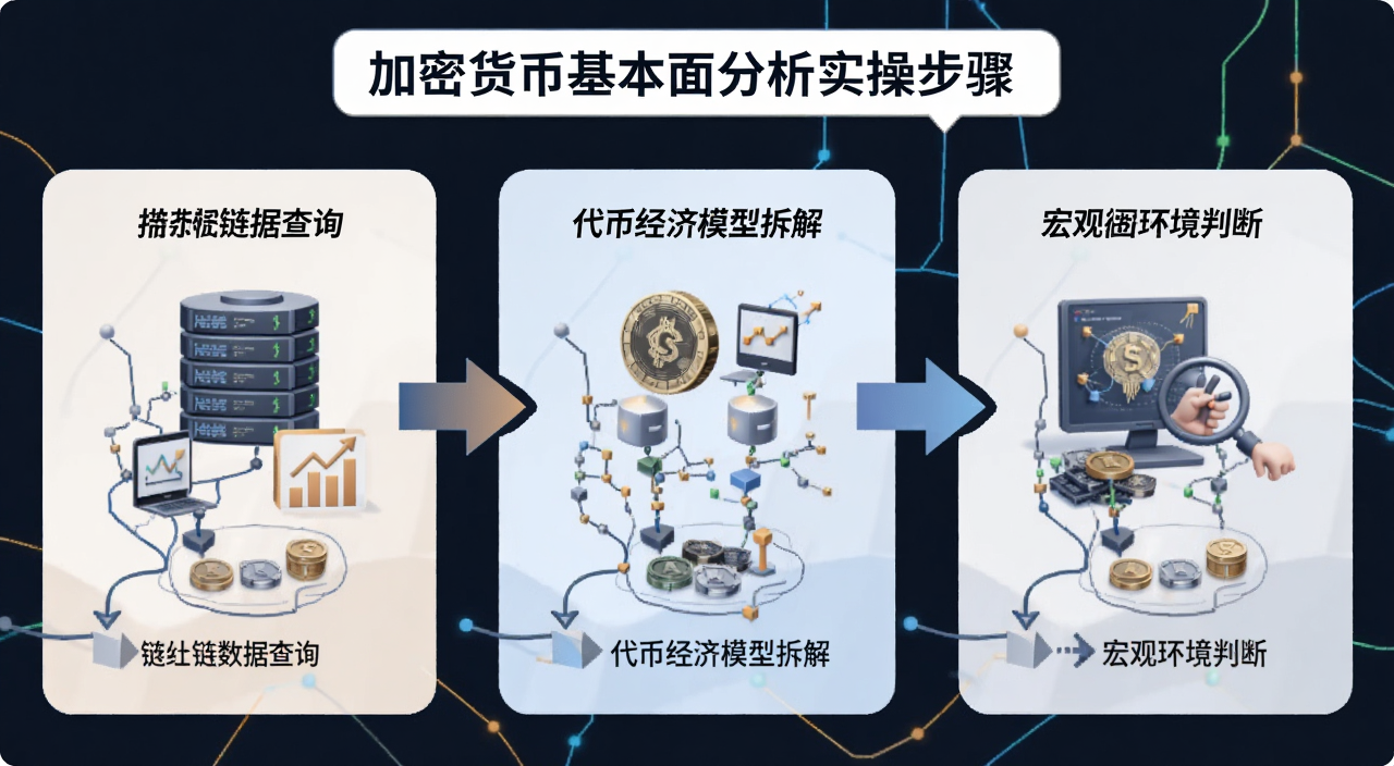 加密货币基本面分析实操步骤图,展示链上数据查询、代币经济模型拆解、宏观环境判断三个步骤