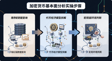 加密货币基本面分析实操步骤图,展示链上数据查询、代币经济模型拆解、宏观环境判断三个步骤
