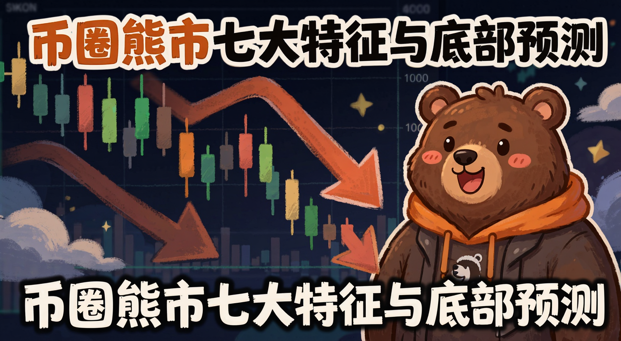 插画风格加密货币熊市下跌趋势图,画面中有K线图向下箭头和一只卡通熊,标注文字“币圈熊市七大特征与底部预测”