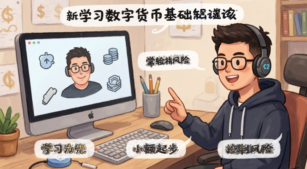 新手学习数字货币基础知识场景插画,包含CZ给新手的3条核心建议:学习为先、小额起步、控制风险文字标注
